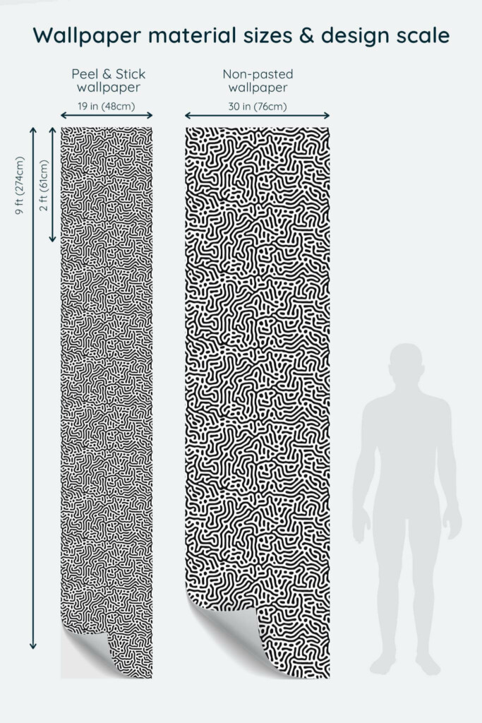 Size comparison of Maze Peel & Stick and Non-pasted wallpapers with design scale relative to human figure