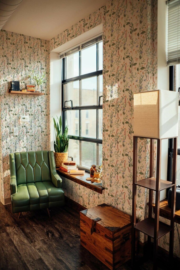 Mid-century style living room decorated with Meadow mix peel and stick wallpaper
