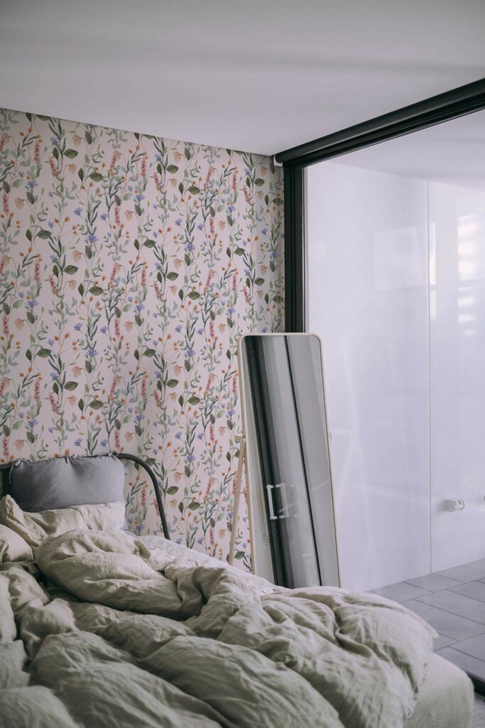 Minimal style bedroom decorated with Meadow mix peel and stick wallpaper