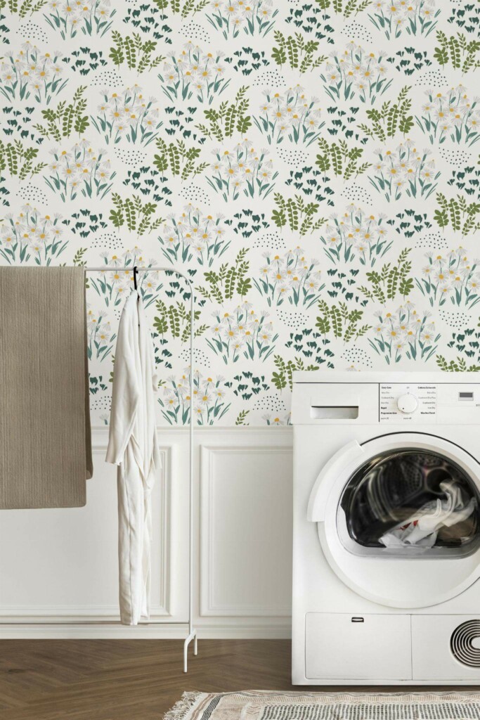 Minimal modern style laundry room decorated with Meadow peel and stick wallpaper