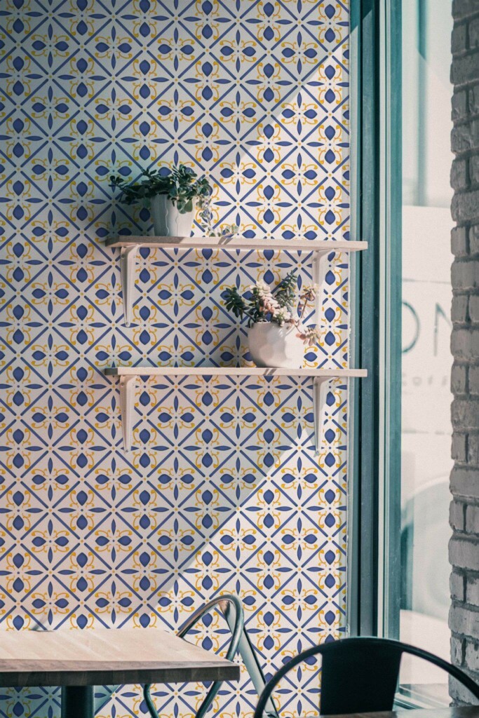 Industrial style cafe decorated with Mediterranean tile peel and stick wallpaper