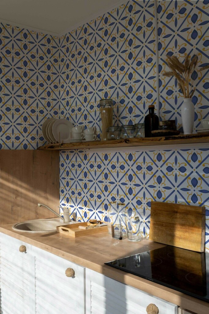 Minimal bohemian style kitchen decorated with Mediterranean tile peel and stick wallpaper