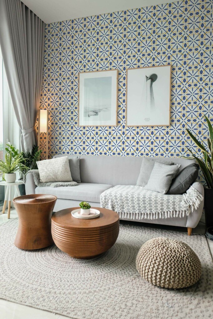 Modern scandinavian style living room decorated with Mediterranean tile peel and stick wallpaper and green plants