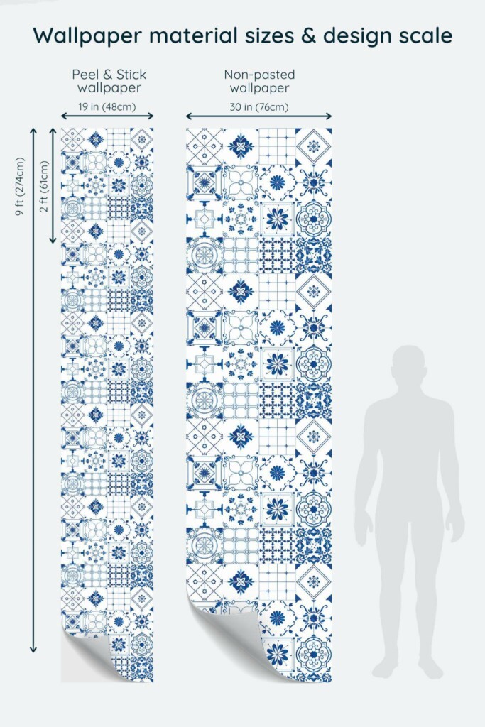 Size comparison of Mediterranean tile Peel & Stick and Non-pasted wallpapers with design scale relative to human figure
