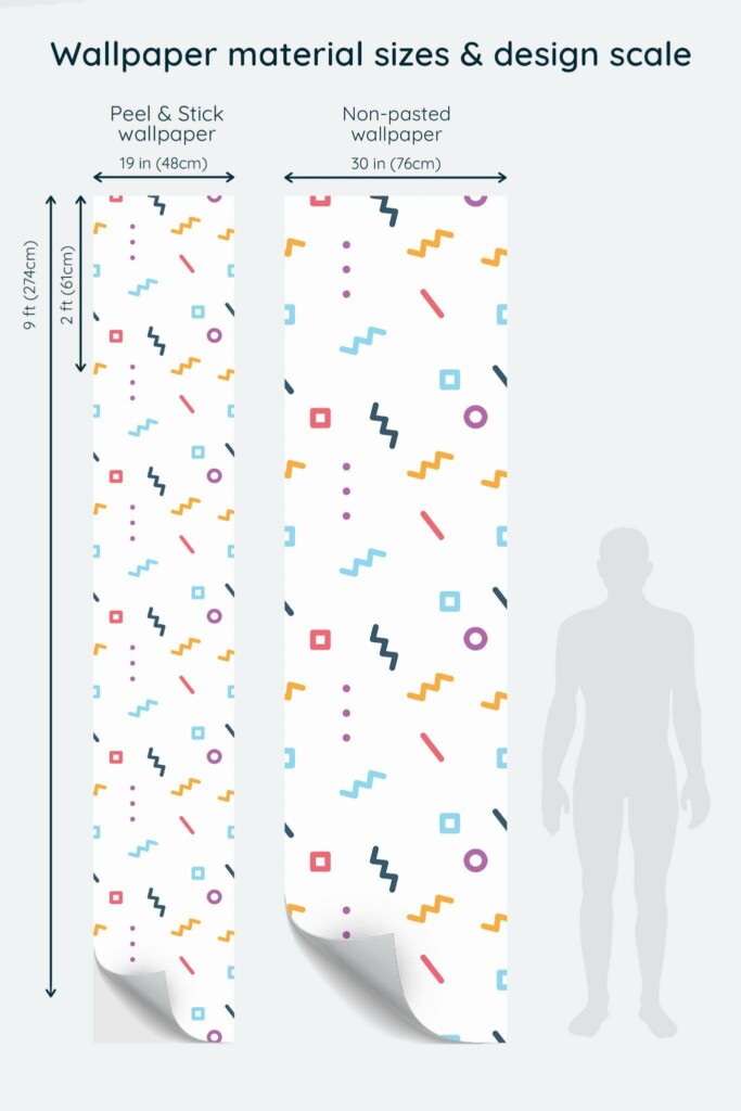 Size comparison of Memphis design Peel & Stick and Non-pasted wallpapers with design scale relative to human figure