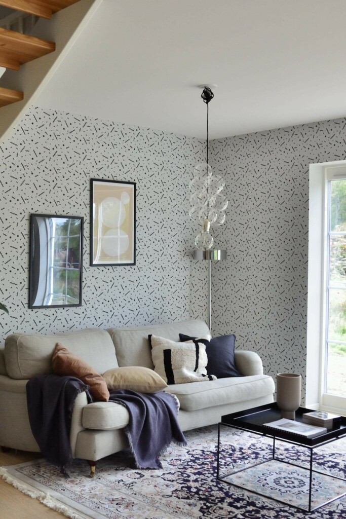 Contemporary style living room and kitchendecorated with Memphis peel and stick wallpaper