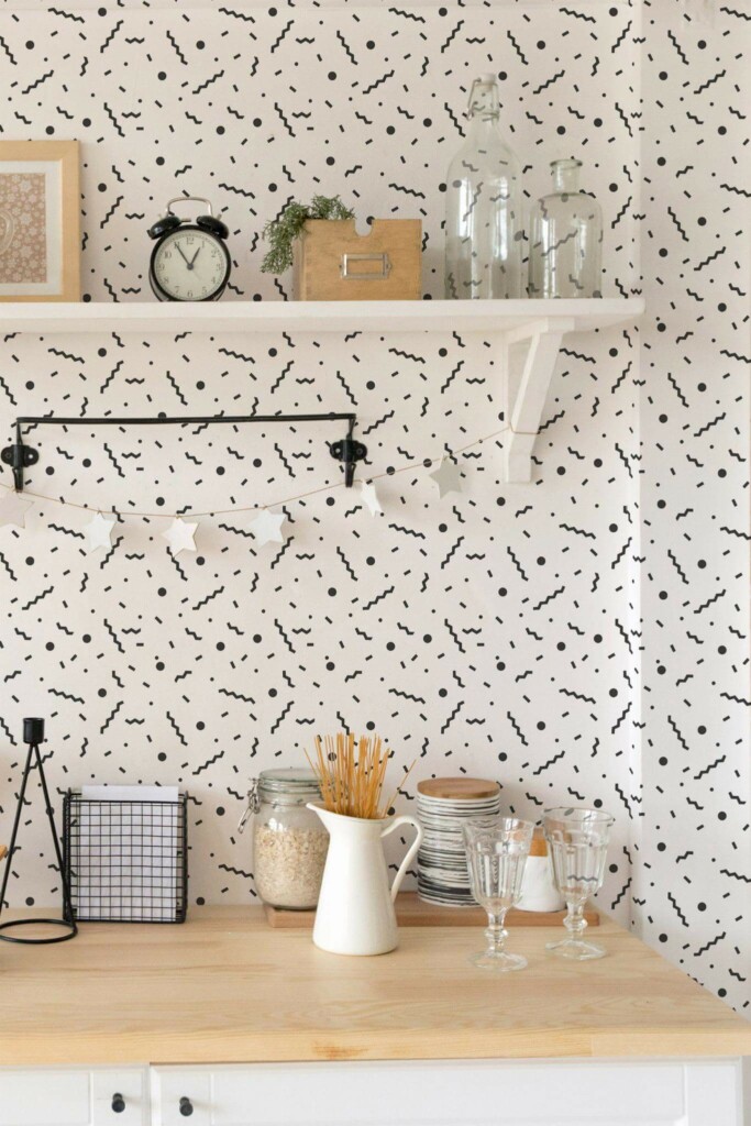 Light farmhouse style kitchen decorated with Memphis peel and stick wallpaper