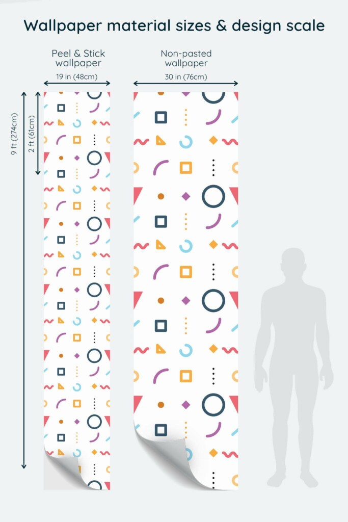 Size comparison of Memphis Peel & Stick and Non-pasted wallpapers with design scale relative to human figure