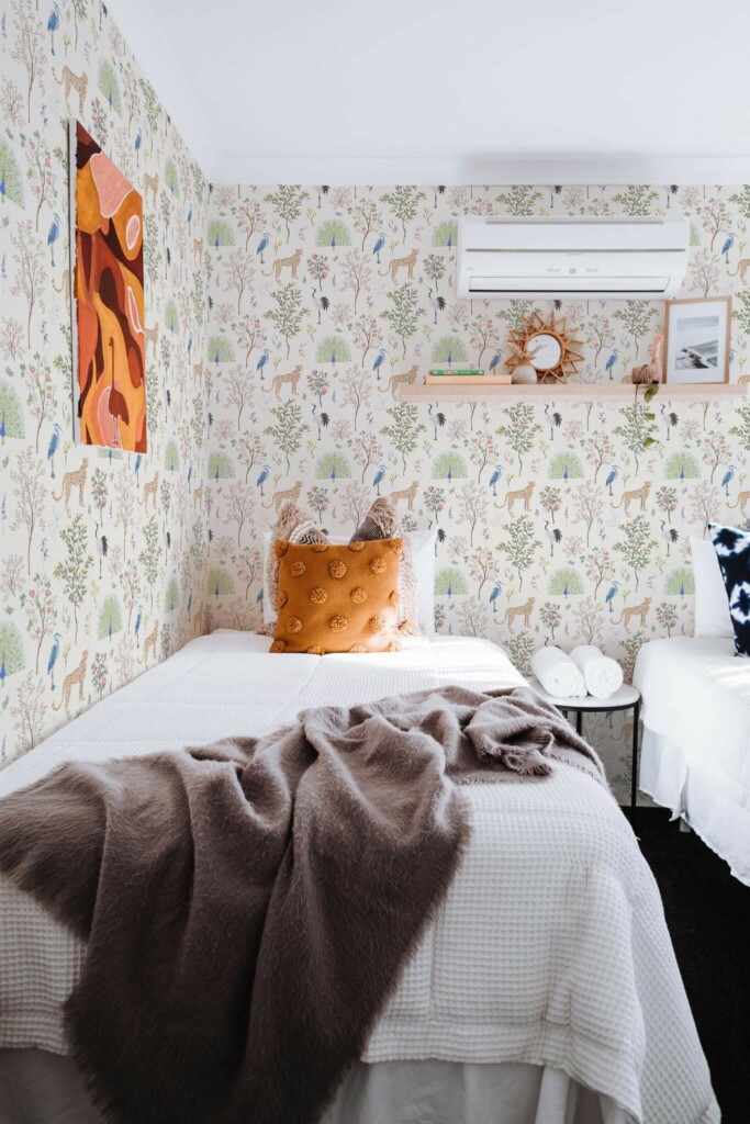 Boho style bedroom decorated with Menagerie peel and stick wallpaper