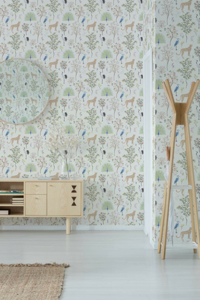 Minimal style entryway decorated with Menagerie peel and stick wallpaper