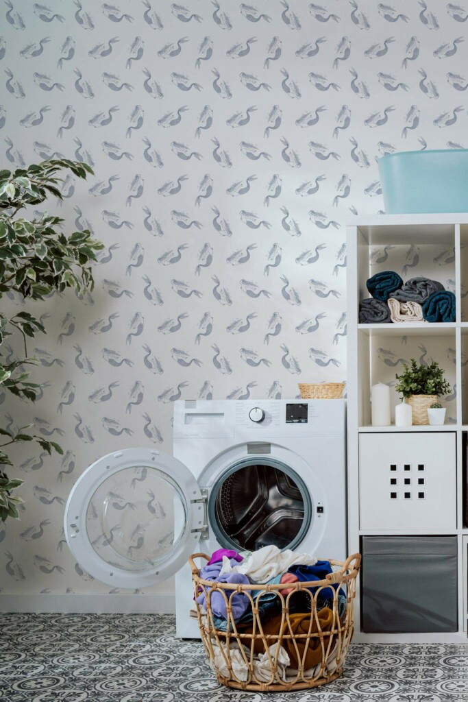 Minimal scandinavian style laundry room decorated with Mermaid peel and stick wallpaper