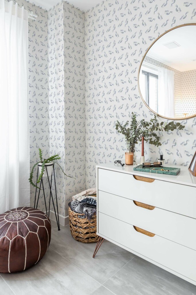 Scandinavian style bedroom decorated with Mermaid peel and stick wallpaper and Mediterranean accents