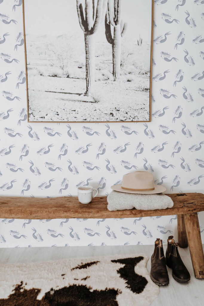 Scandinavian style entryway decorated with Mermaid peel and stick wallpaper