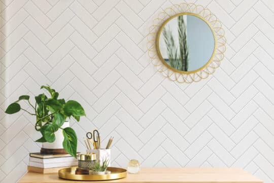White herringbone tile peel and stick wallpaper