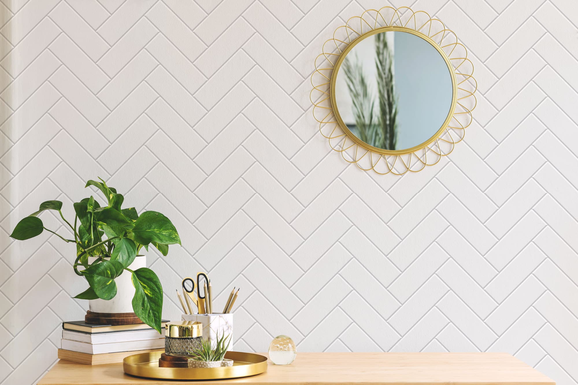 White herringbone tile wallpaper - Peel and Stick or Non-Pasted