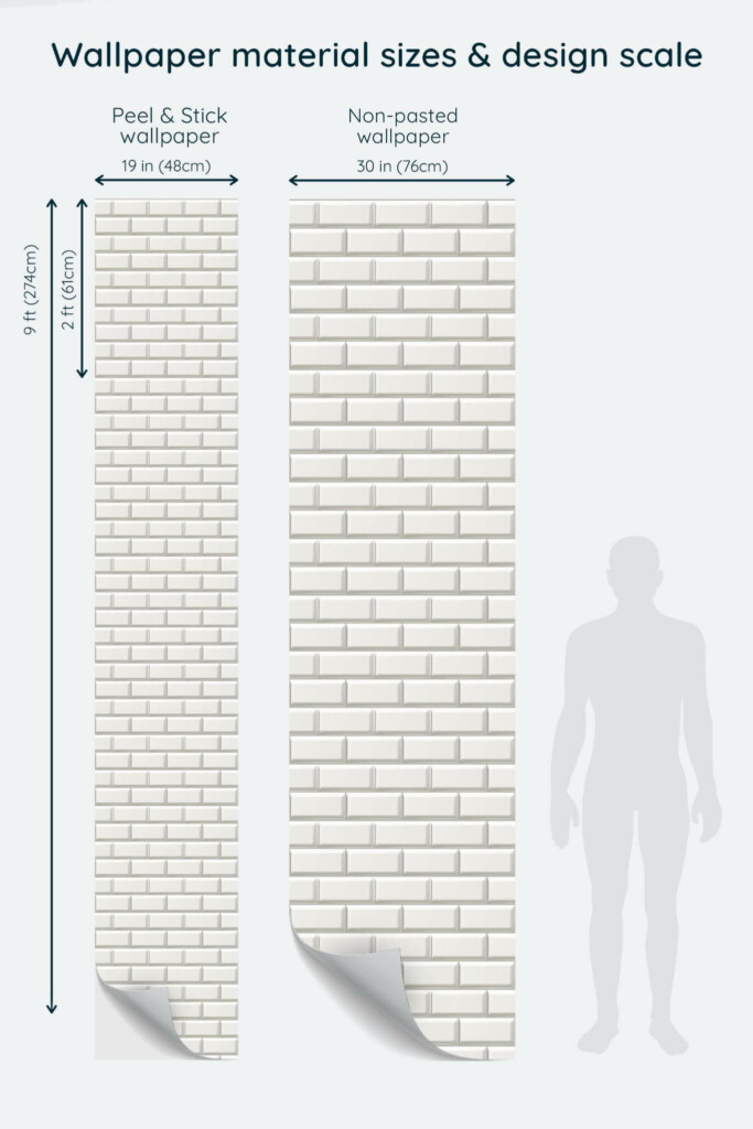 Size comparison of Metro tile Peel & Stick and Non-pasted wallpapers with design scale relative to human figure