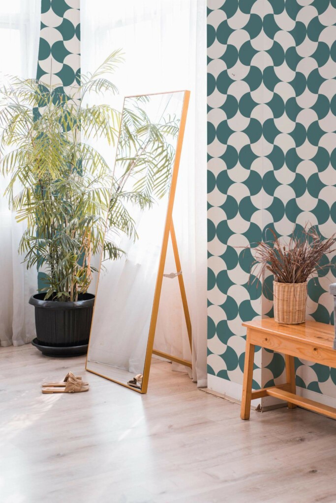 Boho style powder corner decorated with Mid-century arches peel and stick wallpaper