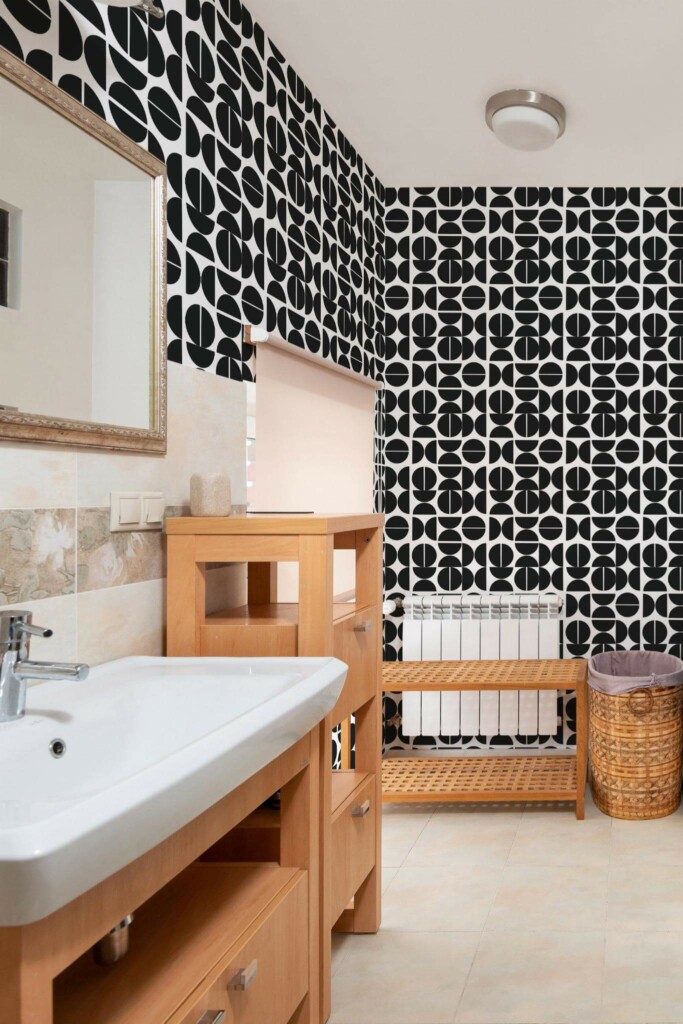 Mid-century modern style bathroom decorated with Mid century Geometric peel and stick wallpaper