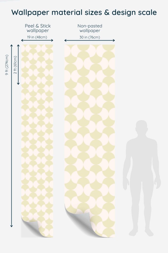 Full panel mockup of Cozy Coffee Shop Classic wallpaper showing the vertical repeat of a retro geometric tile pattern in soft sage and beige tones. Ideal for previewing scale in coffee shop interiors, dining walls, or modern retro settings.