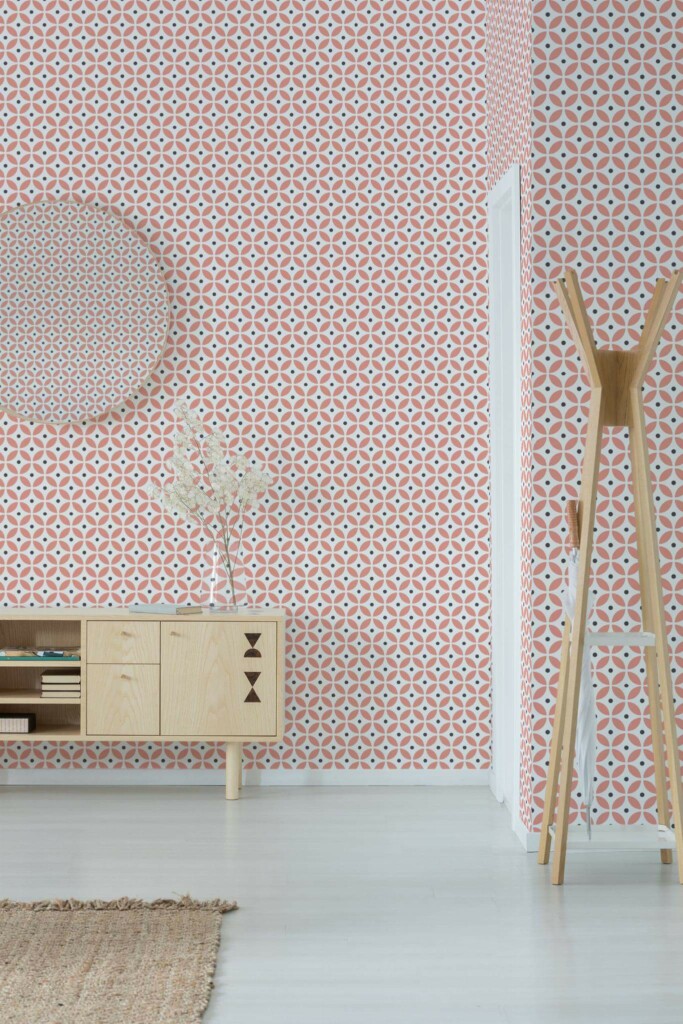 Minimal style entryway decorated with Midcentury circle pattern peel and stick wallpaper