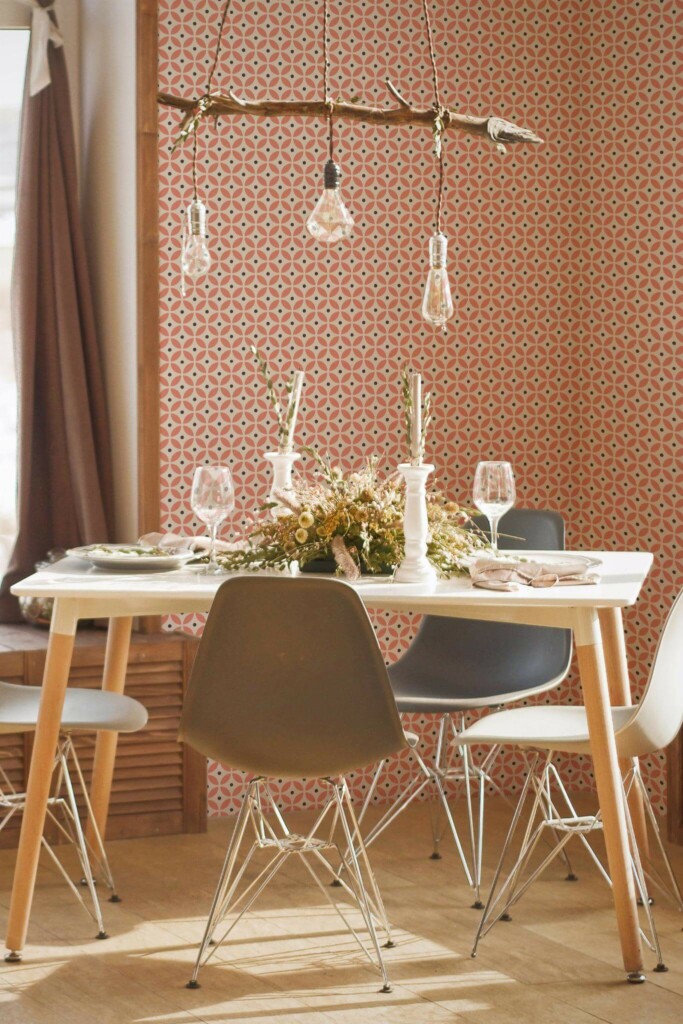 Modern boho style dining room decorated with Midcentury circle pattern peel and stick wallpaper