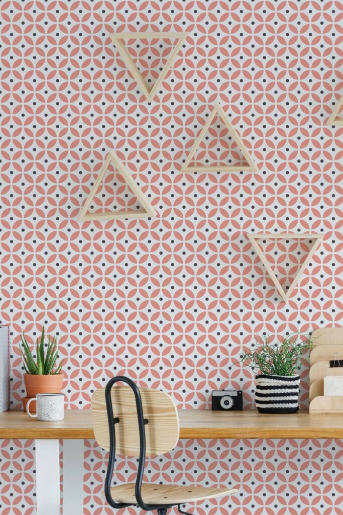 Scandinavian style home office decorated with Midcentury circle pattern peel and stick wallpaper
