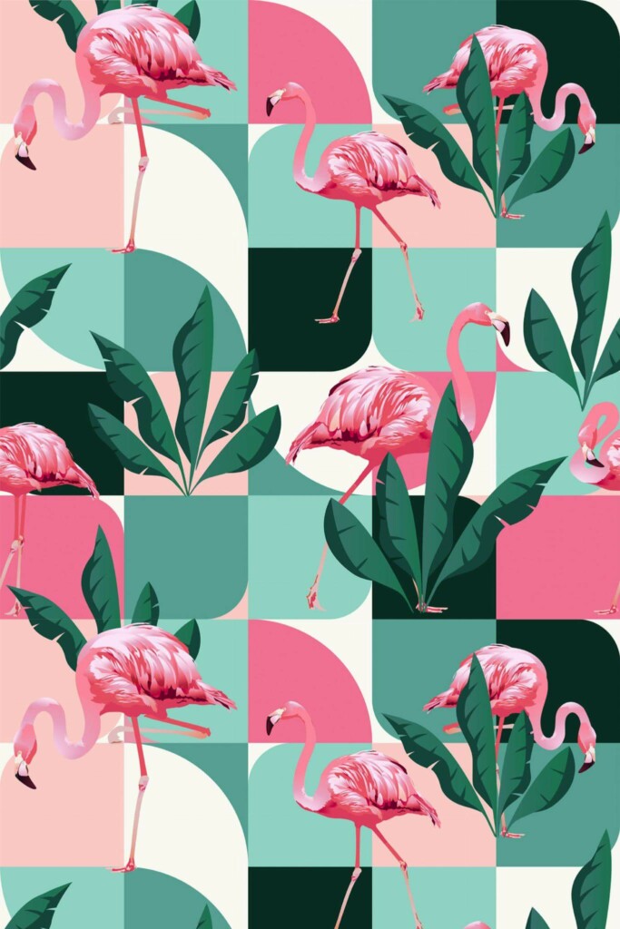 Pattern repeat of Midcentury flamingo removable wallpaper design