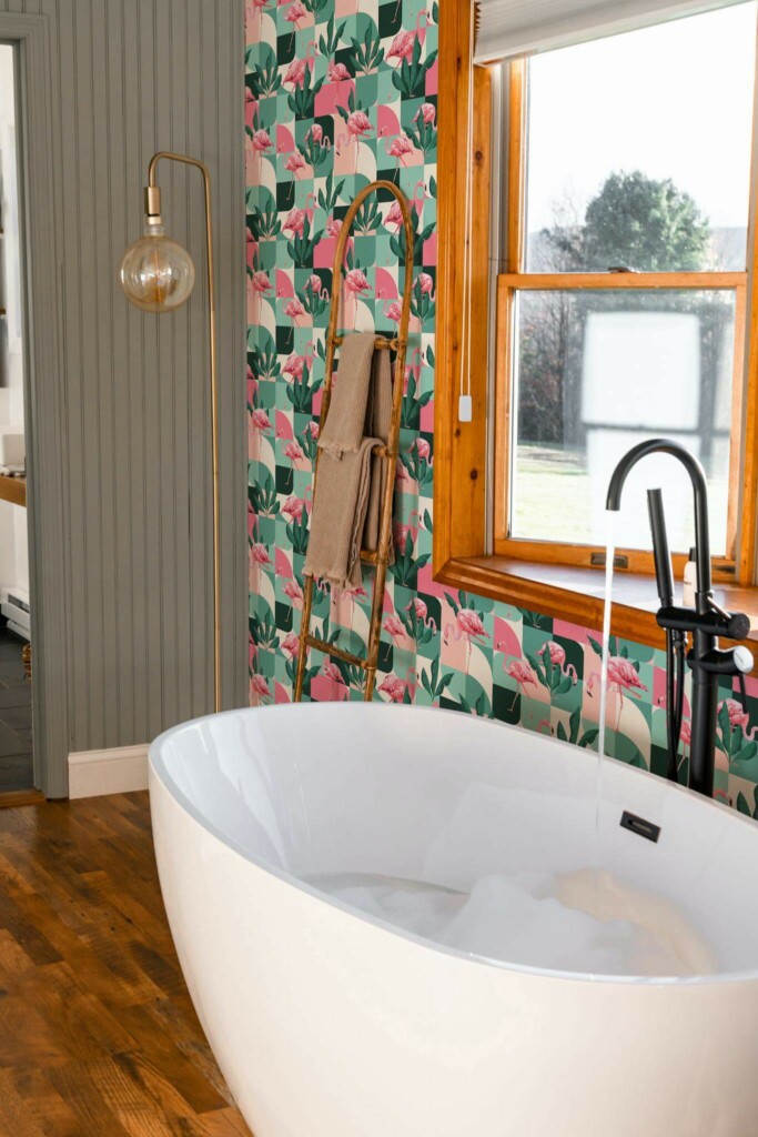 Mid-century modern style bathroom decorated with Midcentury flamingo peel and stick wallpaper