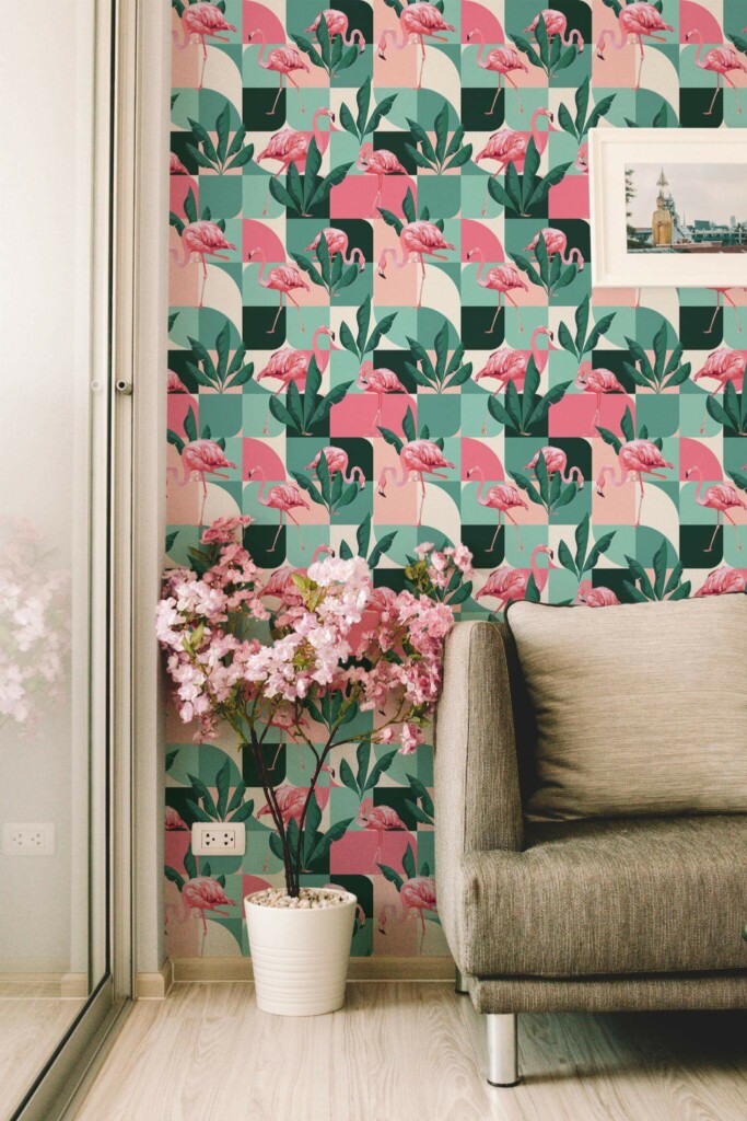 Modern farmhouse style living room decorated with Midcentury flamingo peel and stick wallpaper