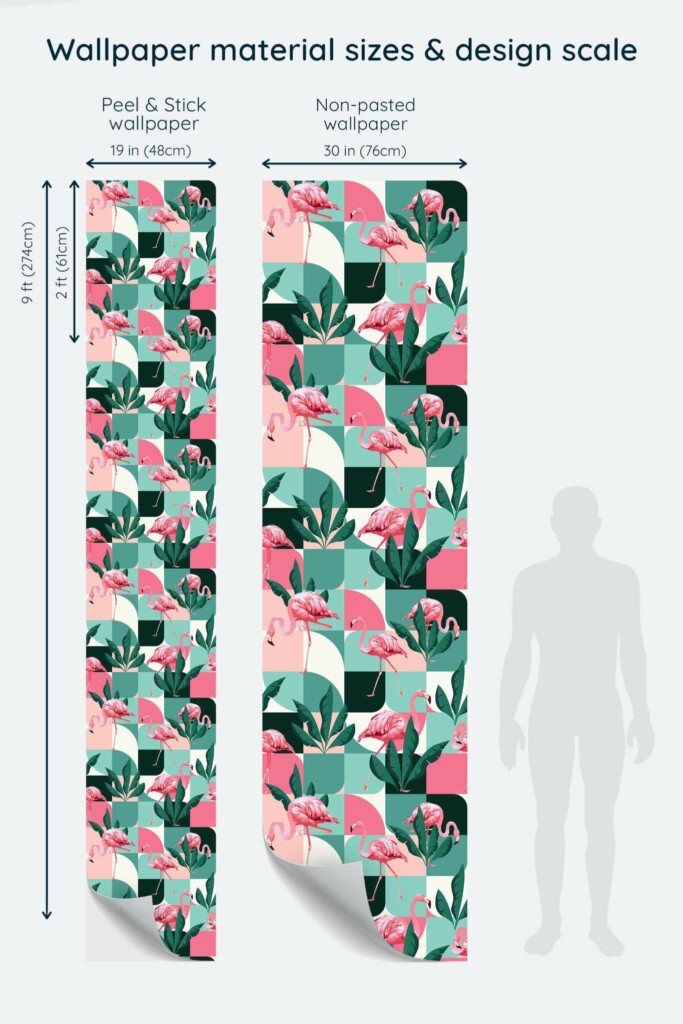 Size comparison of Midcentury flamingo Peel & Stick and Non-pasted wallpapers with design scale relative to human figure