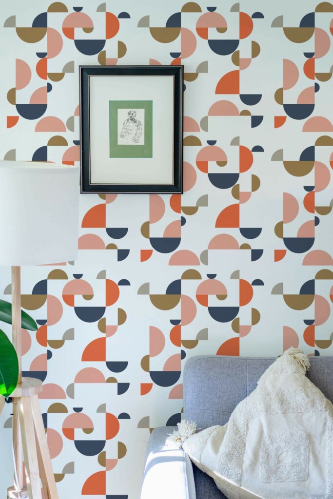 Eastern European style living room decorated with Midcentury geometric shapes peel and stick wallpaper