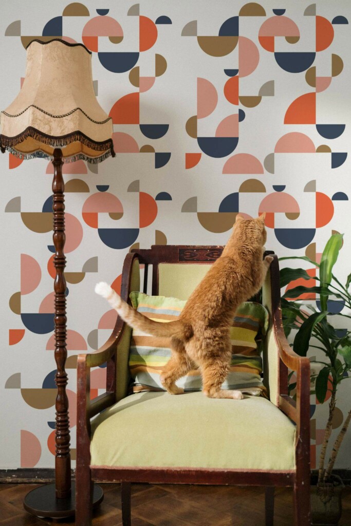 Victorian style living room with a cat decorated with Midcentury geometric shapes peel and stick wallpaper
