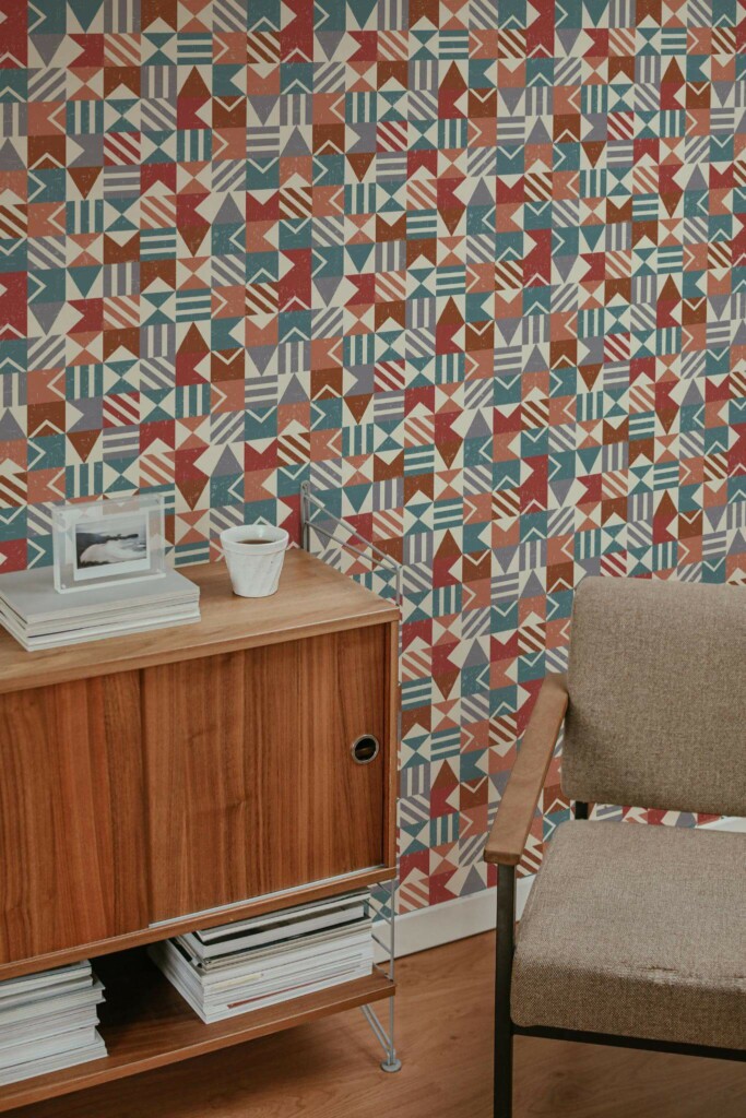 Mid-century style living room decorated with Midcentury Mosaic peel and stick wallpaper