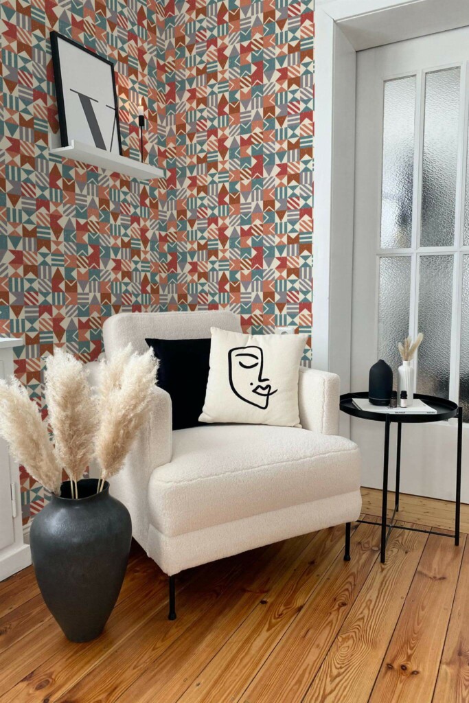 Modern boho style living room decorated with Midcentury Mosaic peel and stick wallpaper