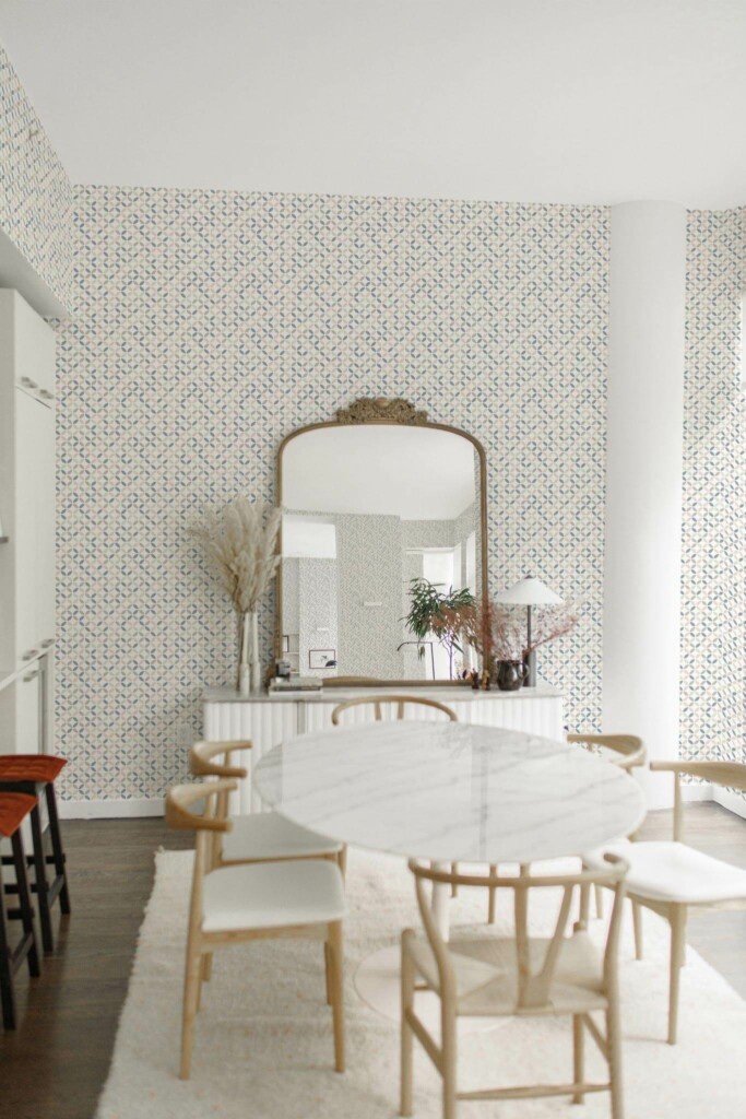 Luxury boho style dining room decorated with Midcentury ornamental circles peel and stick wallpaper