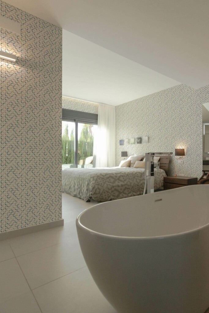Modern style bedroom with open bathroom decorated with Midcentury ornamental circles peel and stick wallpaper