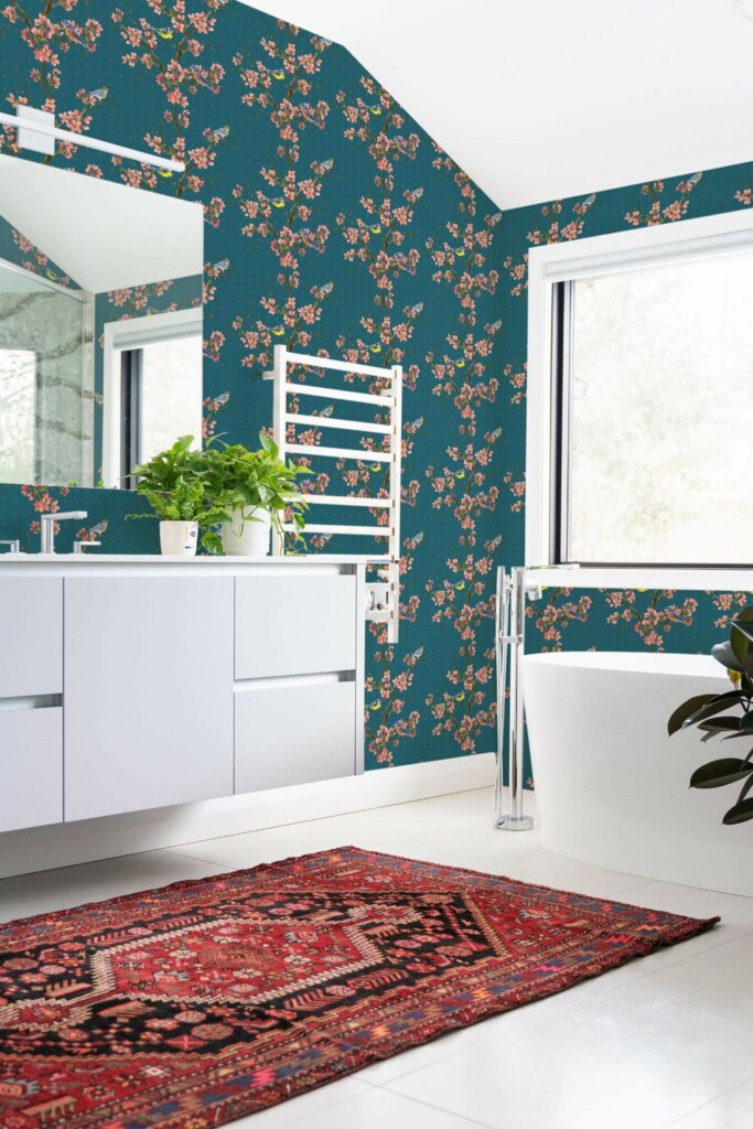 Boho style bathroom decorated with Midnight bird peel and stick wallpaper