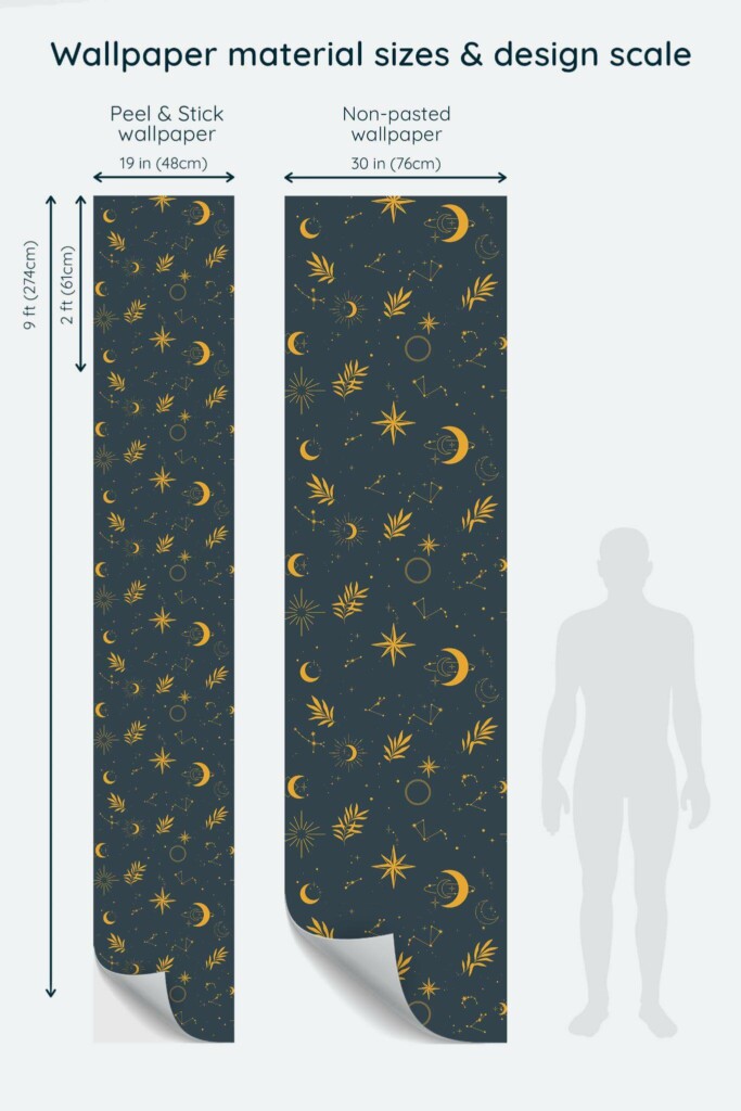 Size comparison of Midnight stars Peel & Stick and Non-pasted wallpapers with design scale relative to human figure