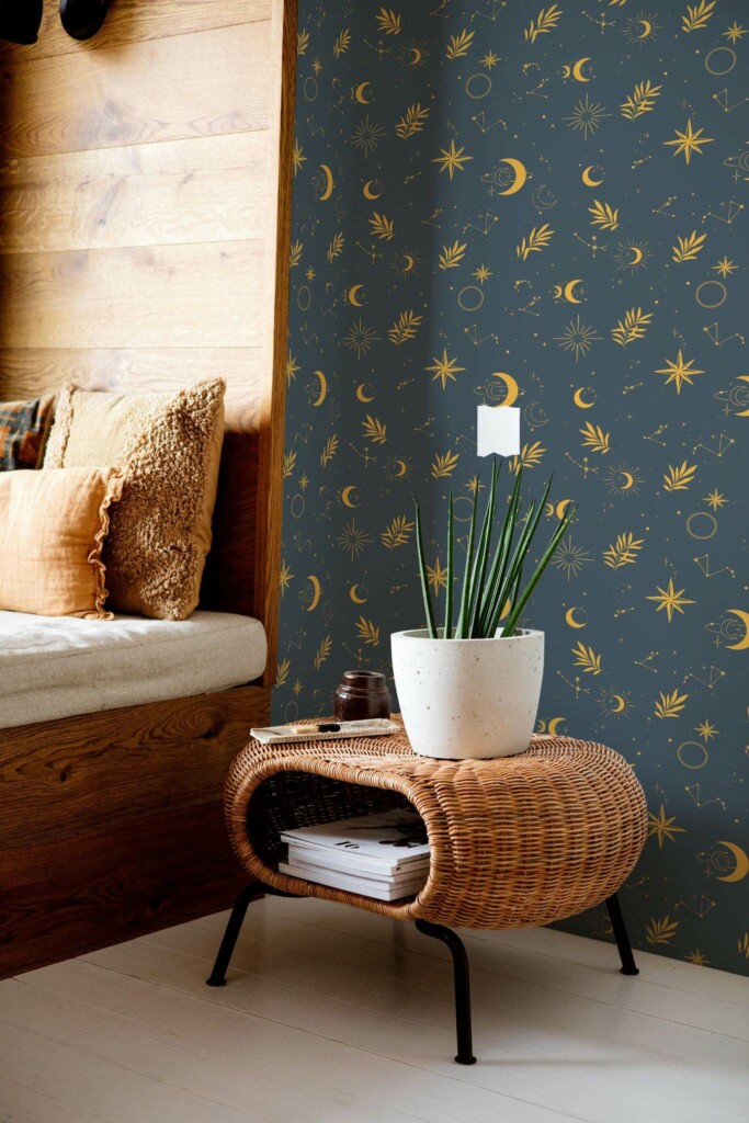 Mid-century modern style bedroom decorated with Midnight wallpaper peel and stick wallpaper