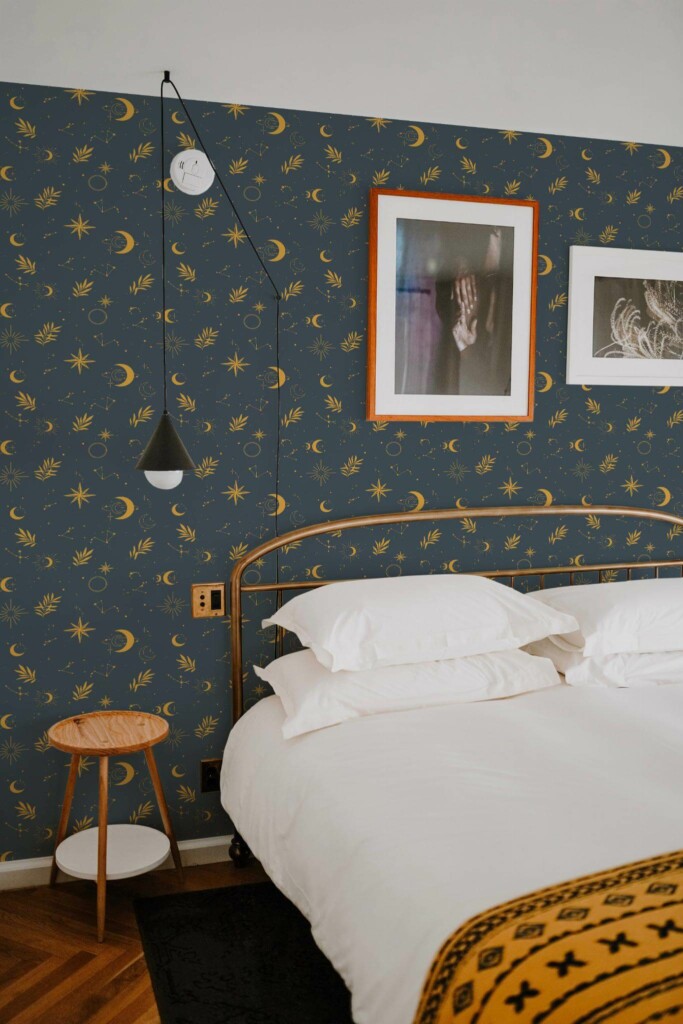 Minimal boho style bedroom decorated with Midnight wallpaper peel and stick wallpaper