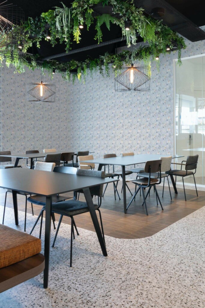 Modern style cafe decorated with Midnight wildflower peel and stick wallpaper