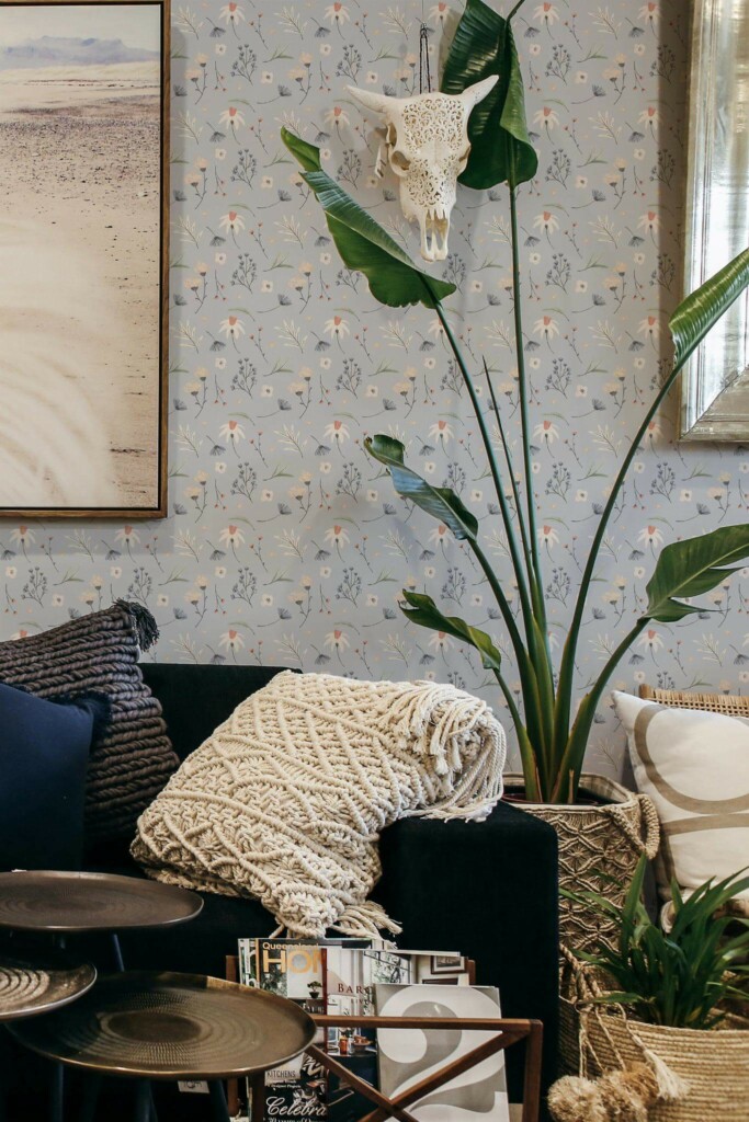 Scandinavian style living room decorated with Midnight wildflower peel and stick wallpaper