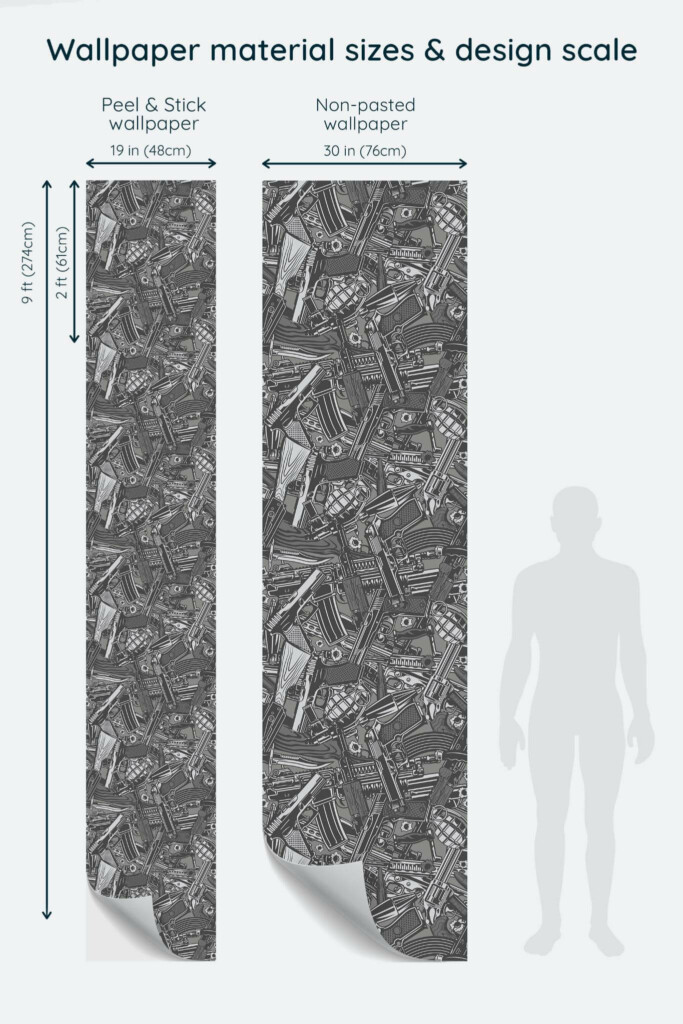 Size comparison of Military Peel & Stick and Non-pasted wallpapers with design scale relative to human figure