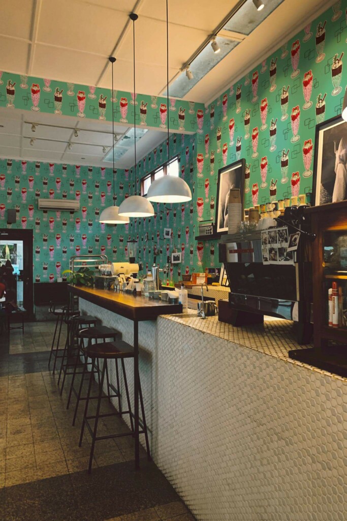Mid-century style bar decorated with Milkshake peel and stick wallpaper