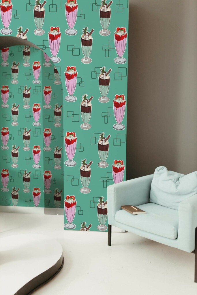 Mondern boho style living room decorated with Milkshake peel and stick wallpaper