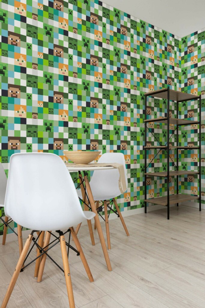 Minimalist style dining room decorated with Minecraft inspired peel and stick wallpaper