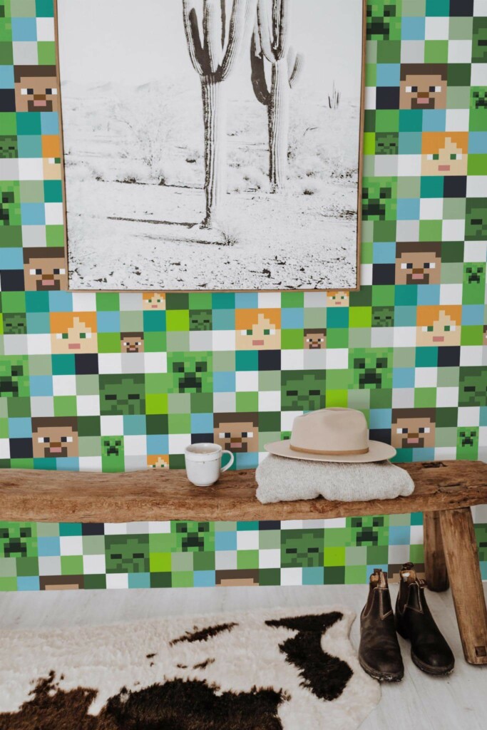 Scandinavian style entryway decorated with Minecraft inspired peel and stick wallpaper