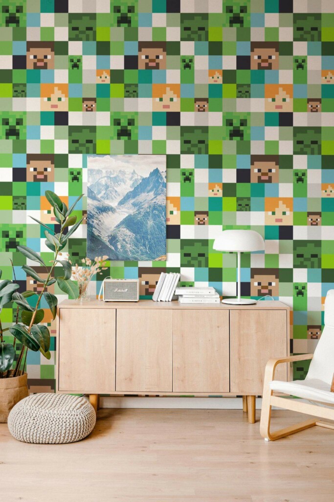 Scandinavian style living room decorated with Minecraft inspired peel and stick wallpaper