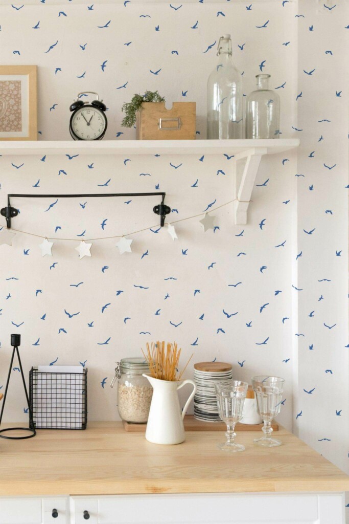 Light farmhouse style kitchen decorated with Minimalist birds peel and stick wallpaper