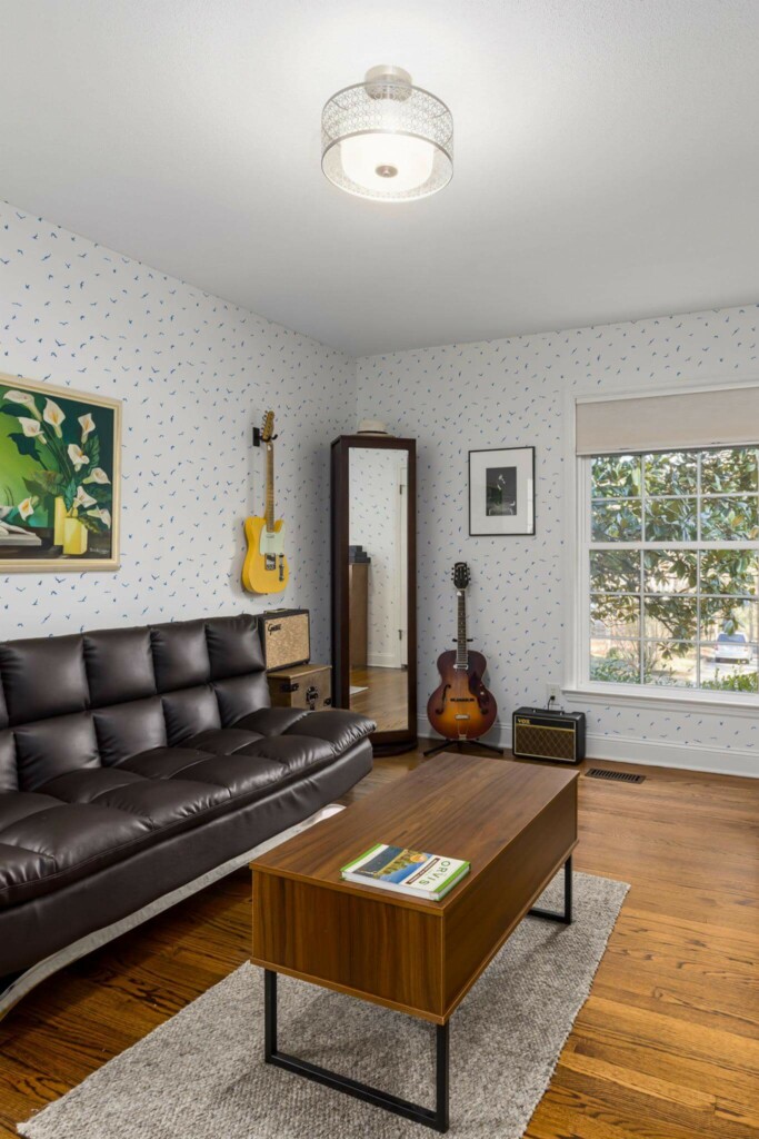 Mid-century style living room decorated with Minimalist birds peel and stick wallpaper and music instruments